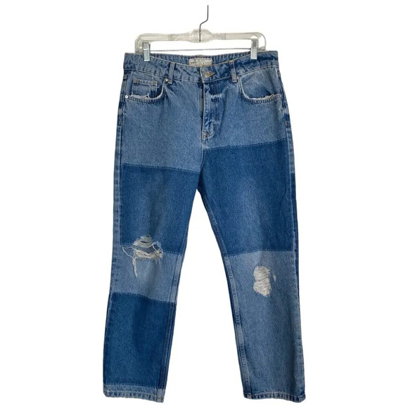 FREE PEOPLE Patchwork Straight Leg Jeans Size 30 Boho Shabby Chic Distressed - Picture 1 of 10